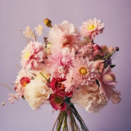 beautiful bouquet of pink flowers on a purple background. studio shotの素材