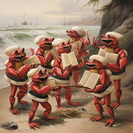 3D illustration of a group of crabs reading a book on the beachの素材