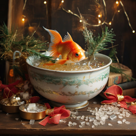 Goldfish in a bowl with Christmas decoration on a wooden background.の素材