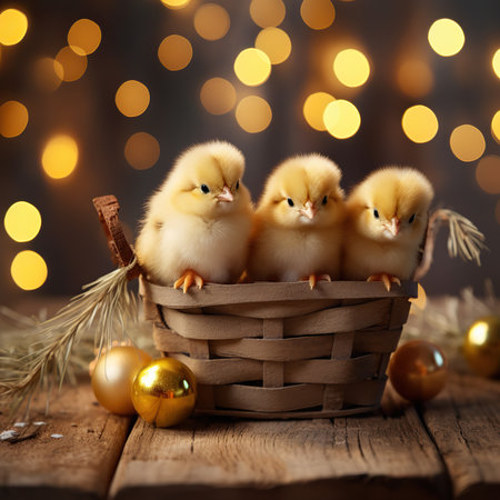Cute little chickens in basket on wooden table with Christmas lights on backgroundの素材