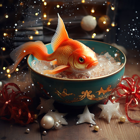 Goldfish in a bowl of ice and christmas decorations on wooden backgroundの素材