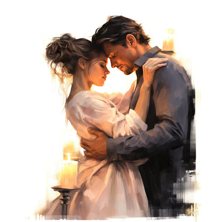 Young couple in love hugging in front of white background. Digital painting.の素材