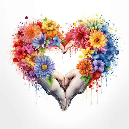 Watercolor heart made of flowers and human hands isolated on white backgroundの素材