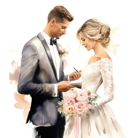 Wedding day. Bride and groom with wedding rings. Digital painting.の素材