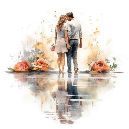 Young couple in love on watercolor background. Man and woman in loveの素材