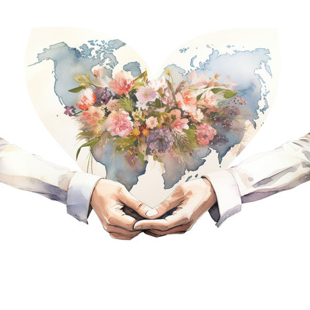 Hands of a man and a woman with a bouquet of flowers in the shape of a heartの素材