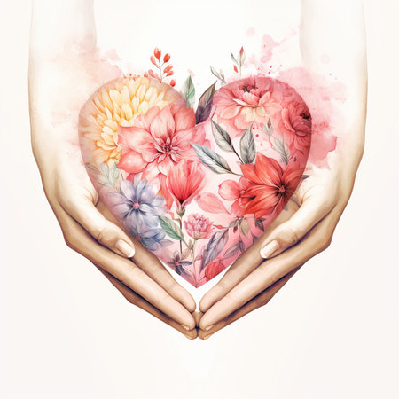 Heart made of flowers in the form of hands. Watercolor illustrationの素材