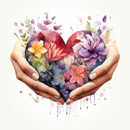 Watercolor heart in hands with spring flowers and leaves. Vector illustrationの素材