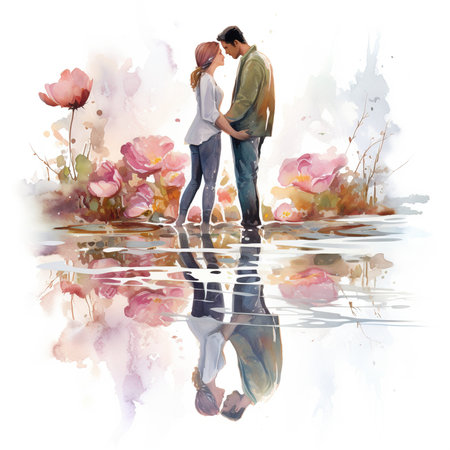 Watercolor illustration of a young couple in love on a romantic date.の素材