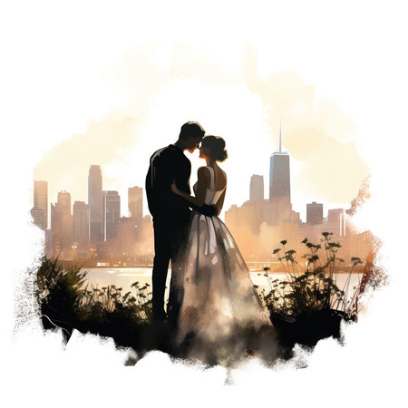 Silhouette of bride and groom on city background with watercolor effectの素材