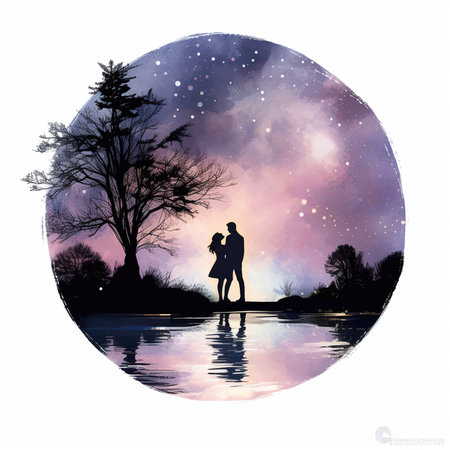 silhouette of a romantic couple on the background of the night skyの素材