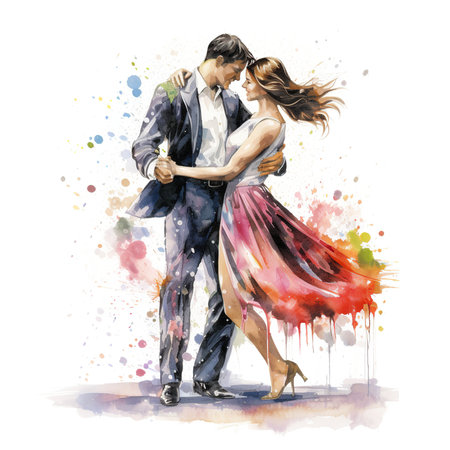 Watercolor illustration of couple dancing tango. Isolated on white background.の素材