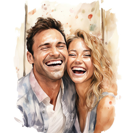 Portrait of a happy young couple in love, digital watercolor paintingの素材