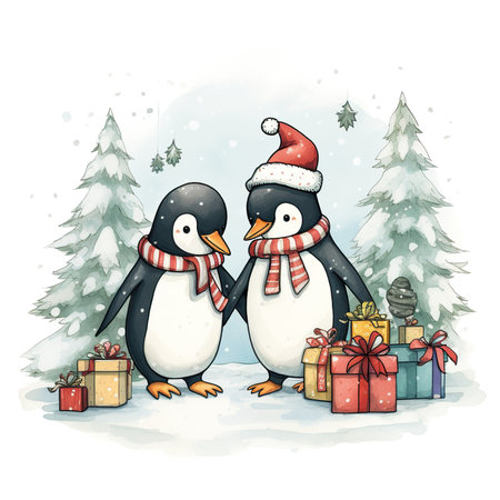 Cute cartoon penguins with Christmas gifts. Hand drawn vector illustration.の素材