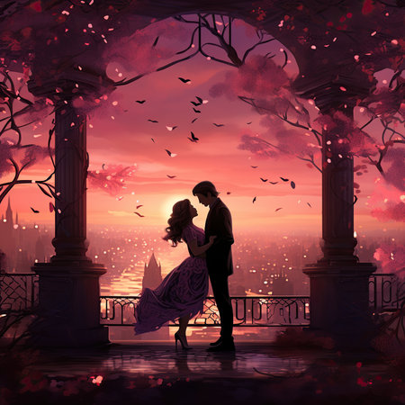 Romantic couple in love on the background of a beautiful sunset.の素材