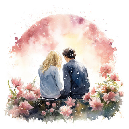 Couple in love sitting on a bench in the garden. Watercolor paintingの素材