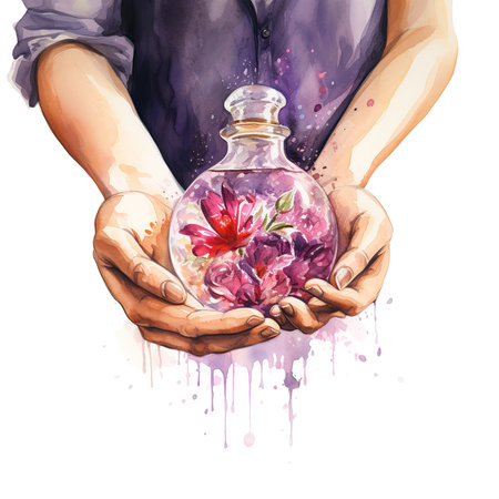 Hands holding a flower in a bottle. Watercolor painting.の素材