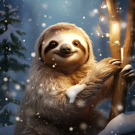3D illustration of a cute cartoon sloth in winter forest.の素材