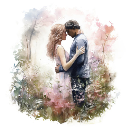 Watercolor illustration of a young couple in love hugging in the forestの素材