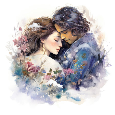 Watercolor portrait of a young couple in love on a winter dayの素材