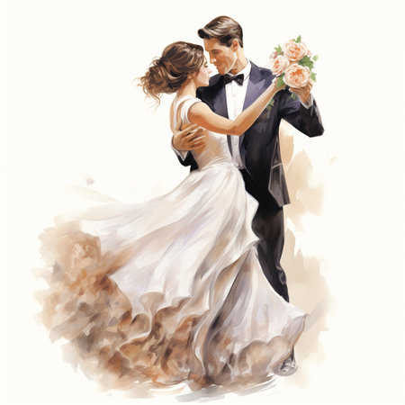 Beautiful young bride and groom on their wedding day. Digital watercolor paintingの素材
