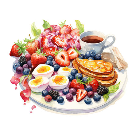 Watercolor breakfast with pancakes, berries, eggs and coffee. Hand drawn illustrationの素材