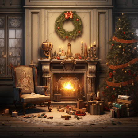 Christmas living room with fireplace, armchair, Christmas tree and gifts.の素材