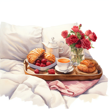 Breakfast in bed with croissants, strawberries and coffee.の素材