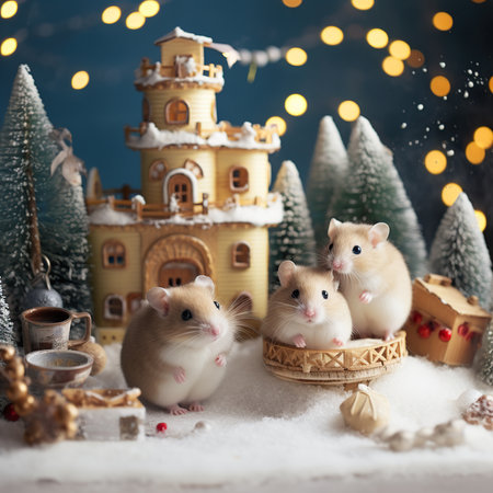 Christmas and New Year greeting card with cute little hamsters on snowの素材