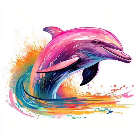 Dolphin vector illustration. Hand drawn watercolor splashes background.の素材