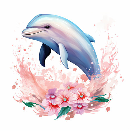 Watercolor vector illustration of a dolphin with pink flowers and splashes.の素材