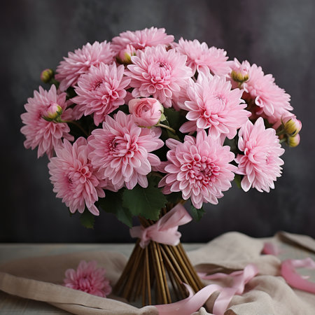 Beautiful bouquet of pink chrysanthemums on a gray backgroundの素材