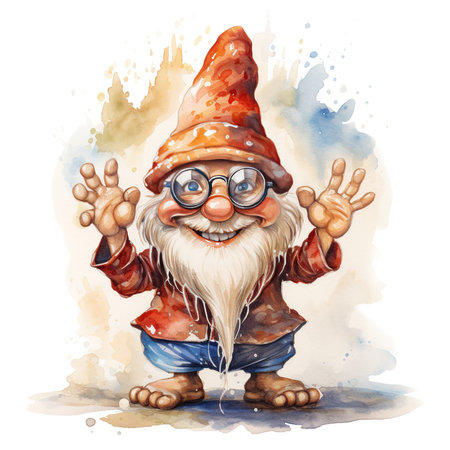 Funny gnome. Watercolor hand drawn illustration on white backgroundの素材