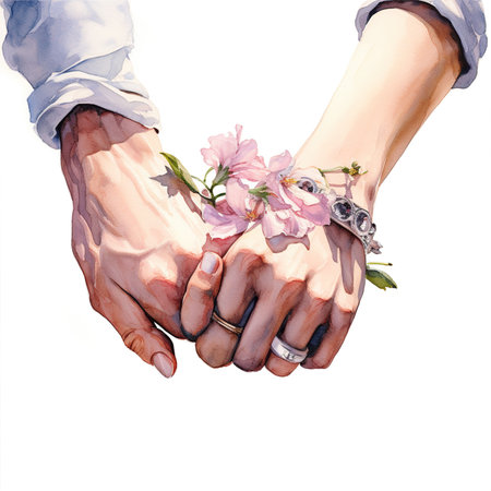 Hands of a man and a woman holding hands with flowers.の素材