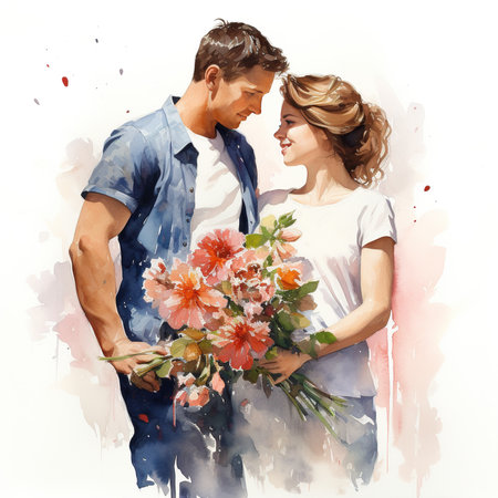 Young couple in love with bouquet of flowers. Digital watercolor paintingの素材