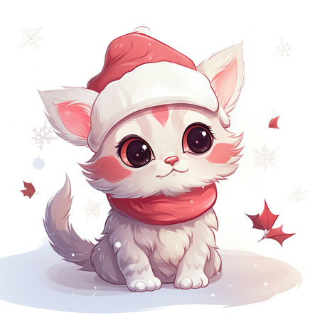 Cute cartoon kitten in Santa Claus hat. Christmas vector illustration.の素材