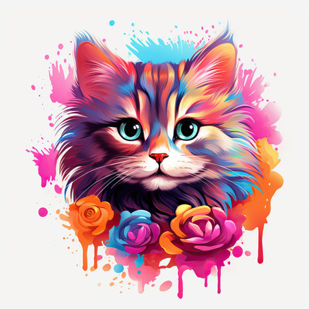 Cute cat with flowers. Vector illustration of a cat with flowers.の素材