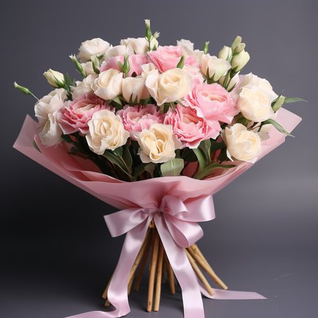 beautiful bouquet of pink and white eustoma flowers on a gray backgroundの素材