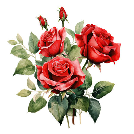 Bouquet of red roses with green leaves, watercolor illustrationの素材