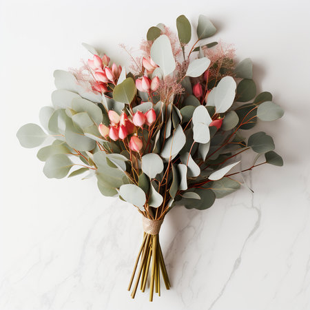 Flowers composition. Eucalyptus branches on white background. Flat lay, top viewの素材