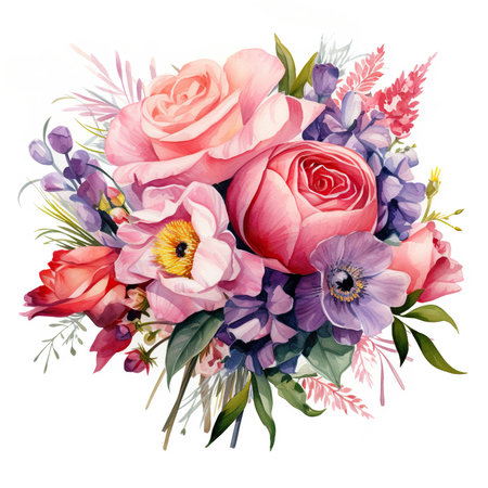 Beautiful vector watercolor bouquet with pink roses and purple anemonesの素材