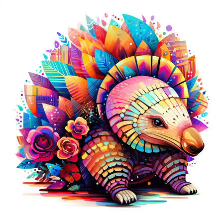 Vector illustration of a stylized cute porcupine with flowers.の素材