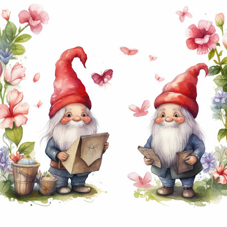 Garden gnome with book and flowers. Watercolor illustration.の素材