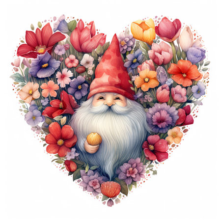 Garden gnome with flowers in heart shape. Watercolor illustrationの素材