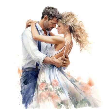 Portrait of a beautiful young couple in love embracing. Digital watercolor painting.の素材
