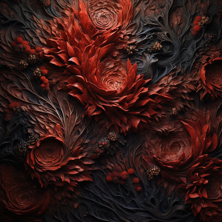 Abstract fractal background, computer-generated illustration, red and black flowersの素材