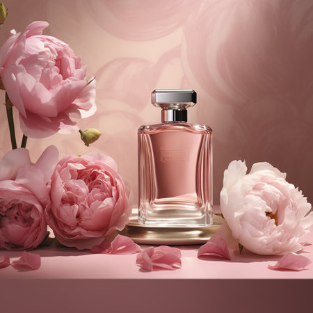 Bottle of perfume and peony flowers on a pink background.の素材
