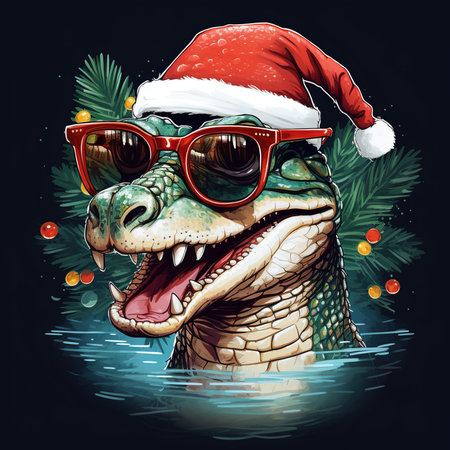 Crocodile in Santa Claus hat and sunglasses on a black background.の素材