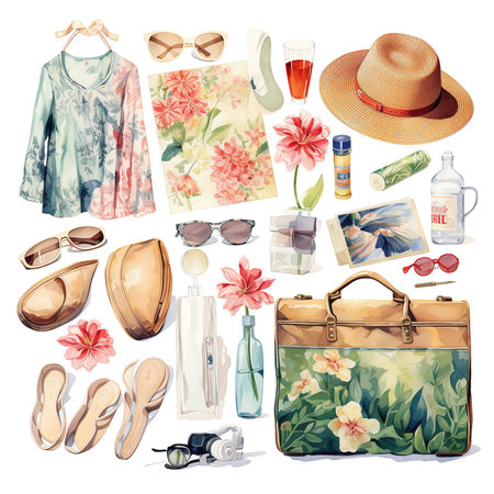Set of summer travel items and accessories. Hand drawn vector illustration.の素材