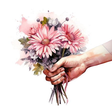Watercolor bouquet of pink gerbera flowers in hand isolated on white backgroundの素材